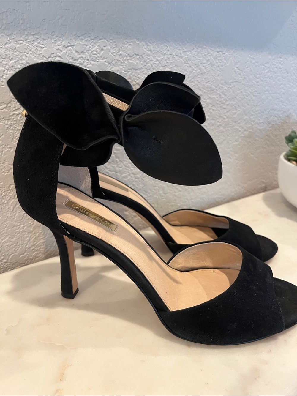 Louise et Cie Black Suede Open-Toe Heels with Ankle Bow - Picture 3 of 8